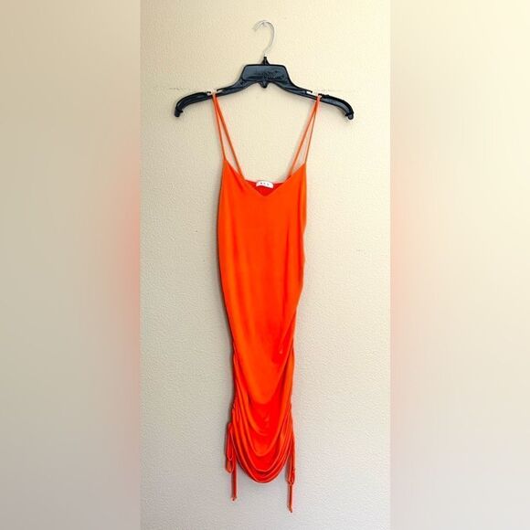 Bright Orange Ruched Side Mini Dress - Picture 2 of 8